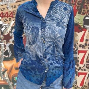 Desigual Blue Boho Graphic Batinga Button Down Shirt - Embroidered - XS